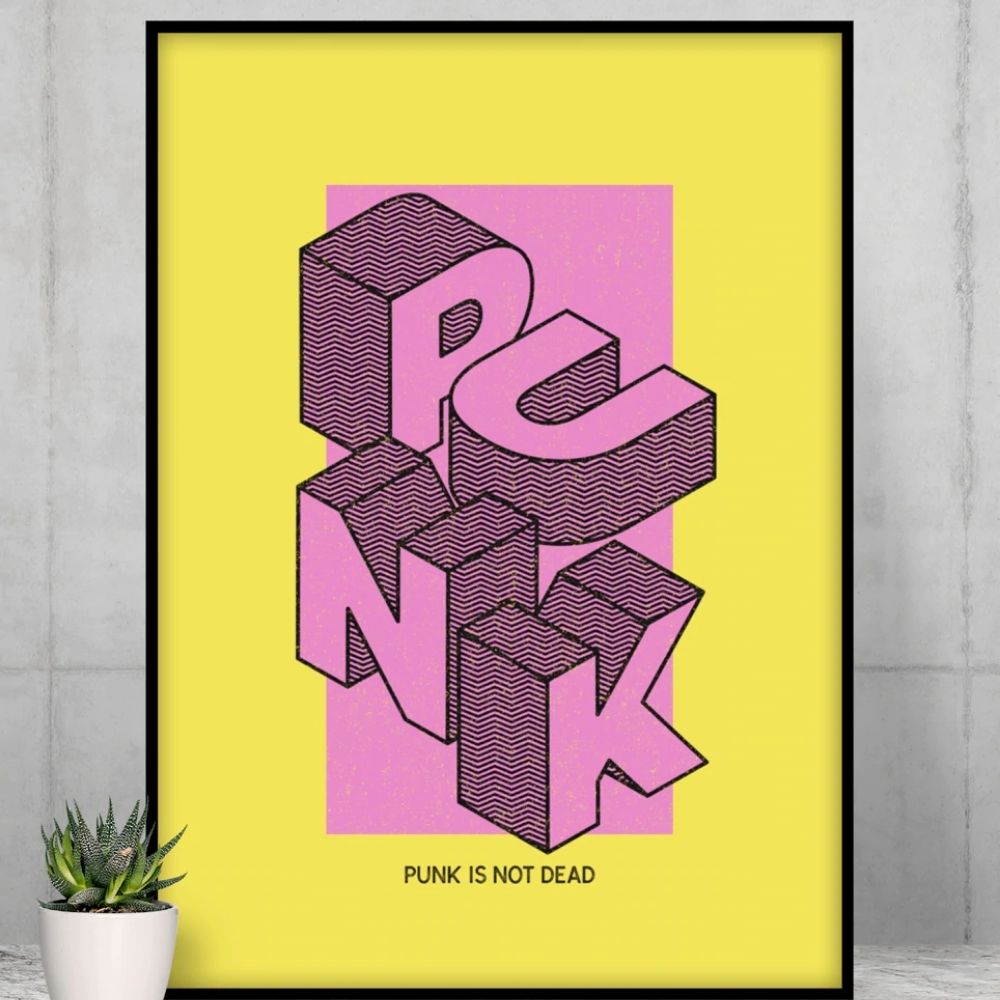 Punk Is Not Dead Art Print in a black frame, Yellow and Pink are colors that are the focus on this art print available on KangyCo.com.