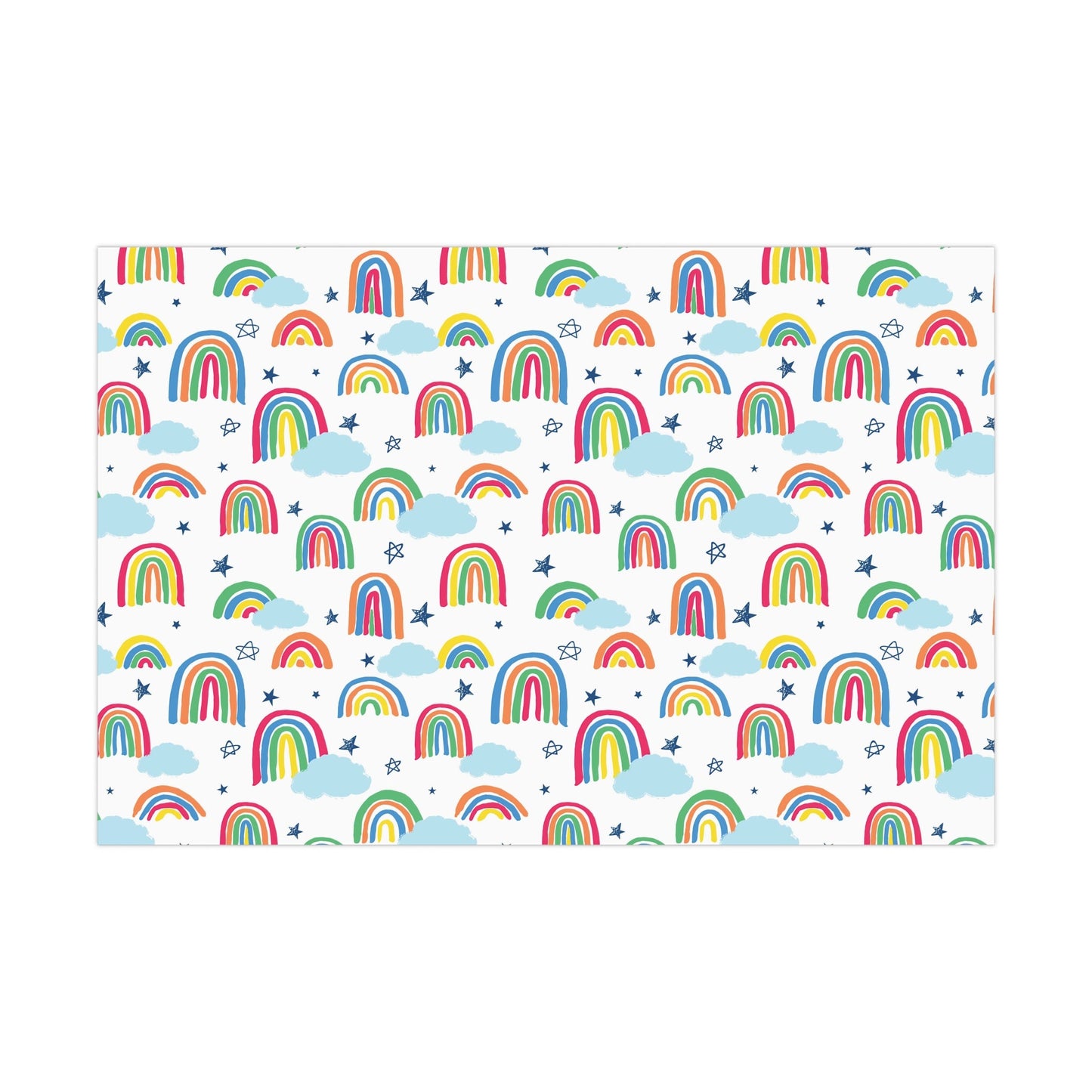 A flat open look of the 30 x 20 size rainbow and scattered clouds gift wrapping paper available on Kangyco.com. 