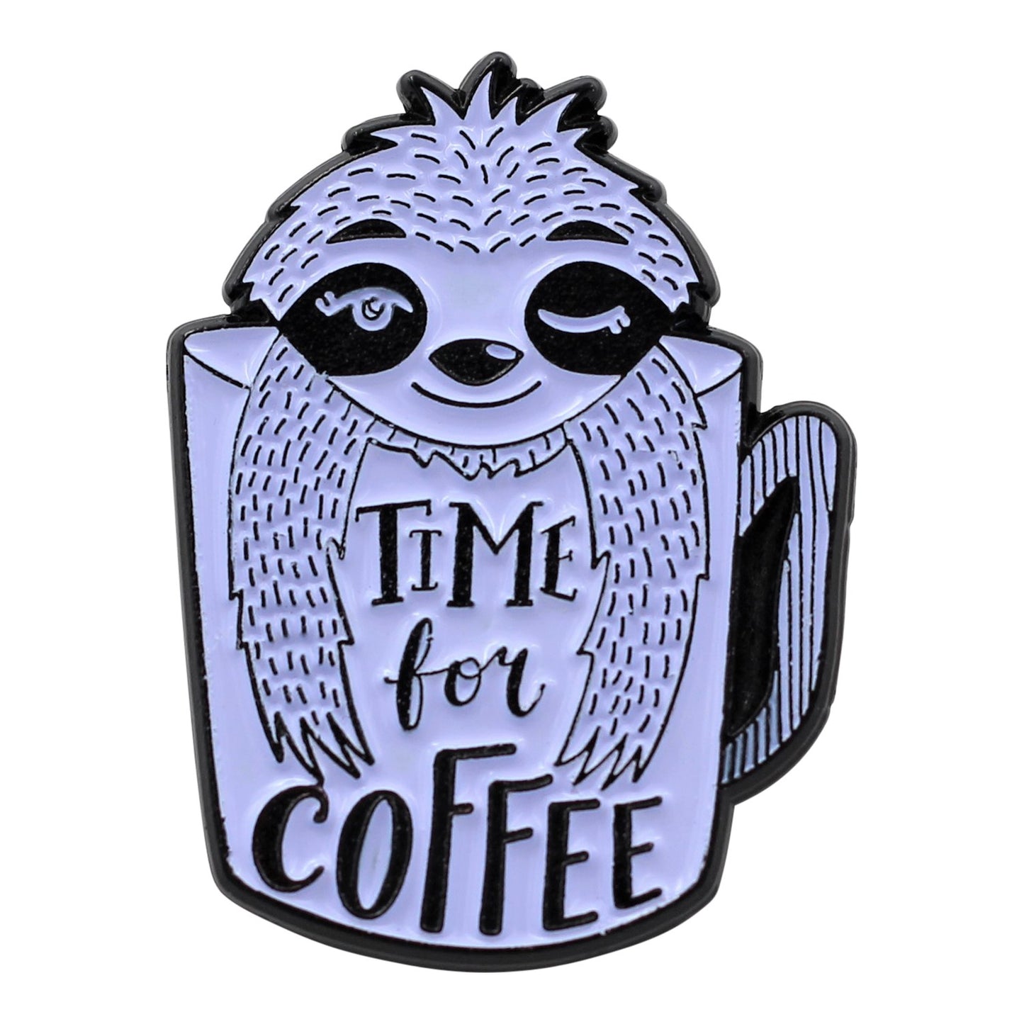 A sloth enamel pin hanging from a mug with the mug reading "Time for Coffee". in a lilac tone and black lettering and highlights.