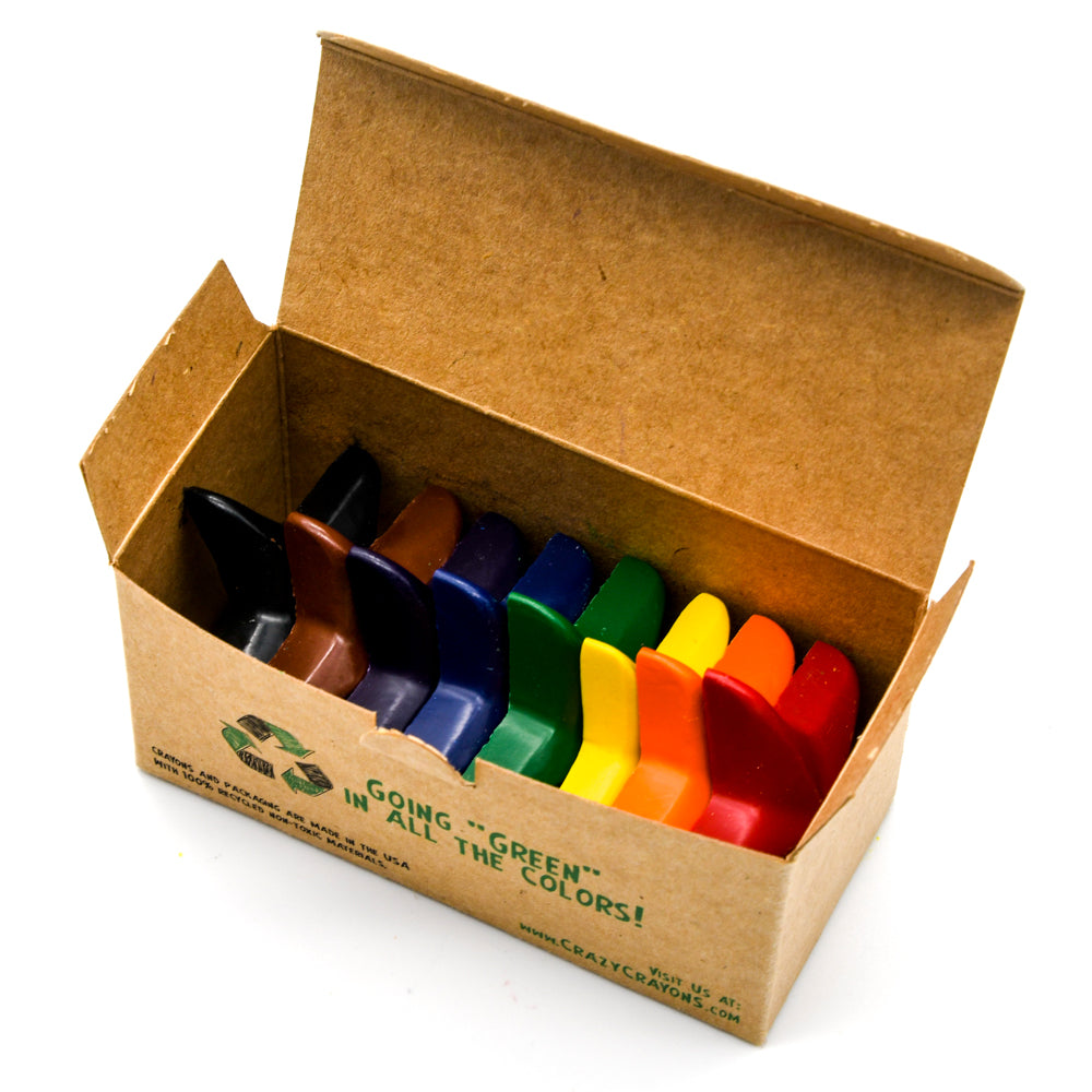 A look inside the box that carries 8 Eco Stars Crayons: Red, Orange, Yellow, Green, Blue, Purple, Brown, and Black.