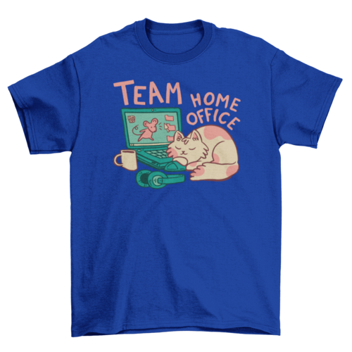 The Royal Blue "Team Home Office" T-shirt. Printed on the t-shirt is a sleeping cat, headphones, laptop, and mug.