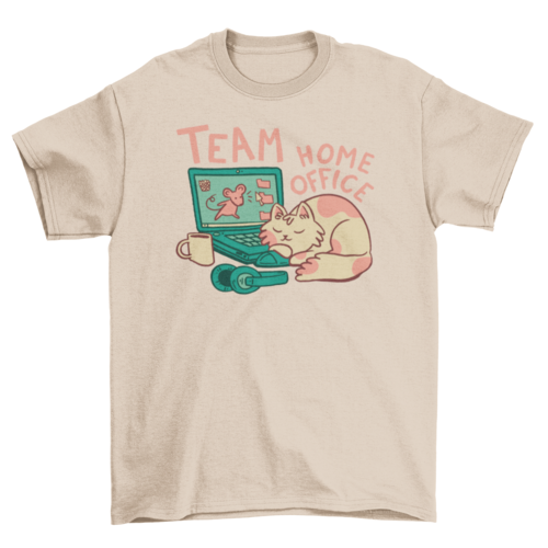 The natural color T-shirt "Team Home Office" with a printed illustration of sleeping cat, laptop, coffee mug, and headphones.