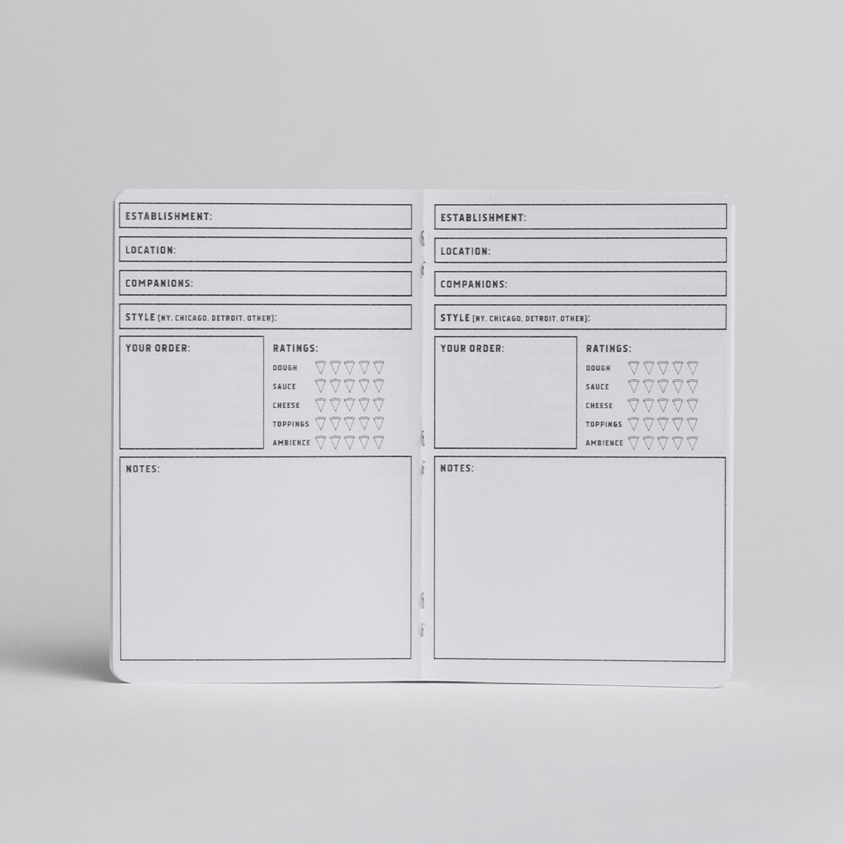 The inside of The Pizza Log Book. You are able to add the Establishment, Location, Companions, Style, Your Order, Your Ratings, and any notes you have about your pizza experience.