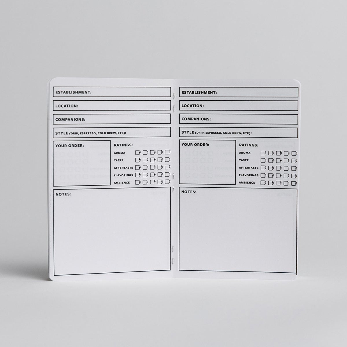 A look of the inside of The Coffee Log Book, where you can annotate: the establishment, location, companions, Style (of coffee), your order, ratings, and notes.