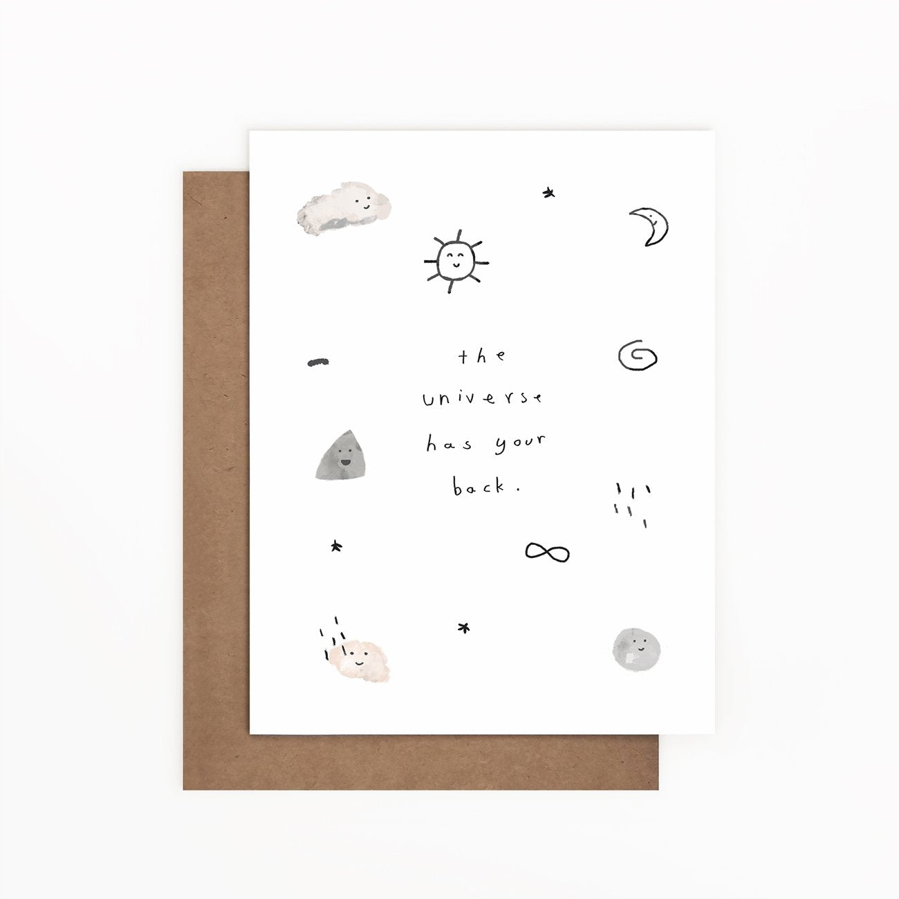 The Universe Has Your Back greeting card with hand-drawn illustrations that has clouds, the sun, and more.