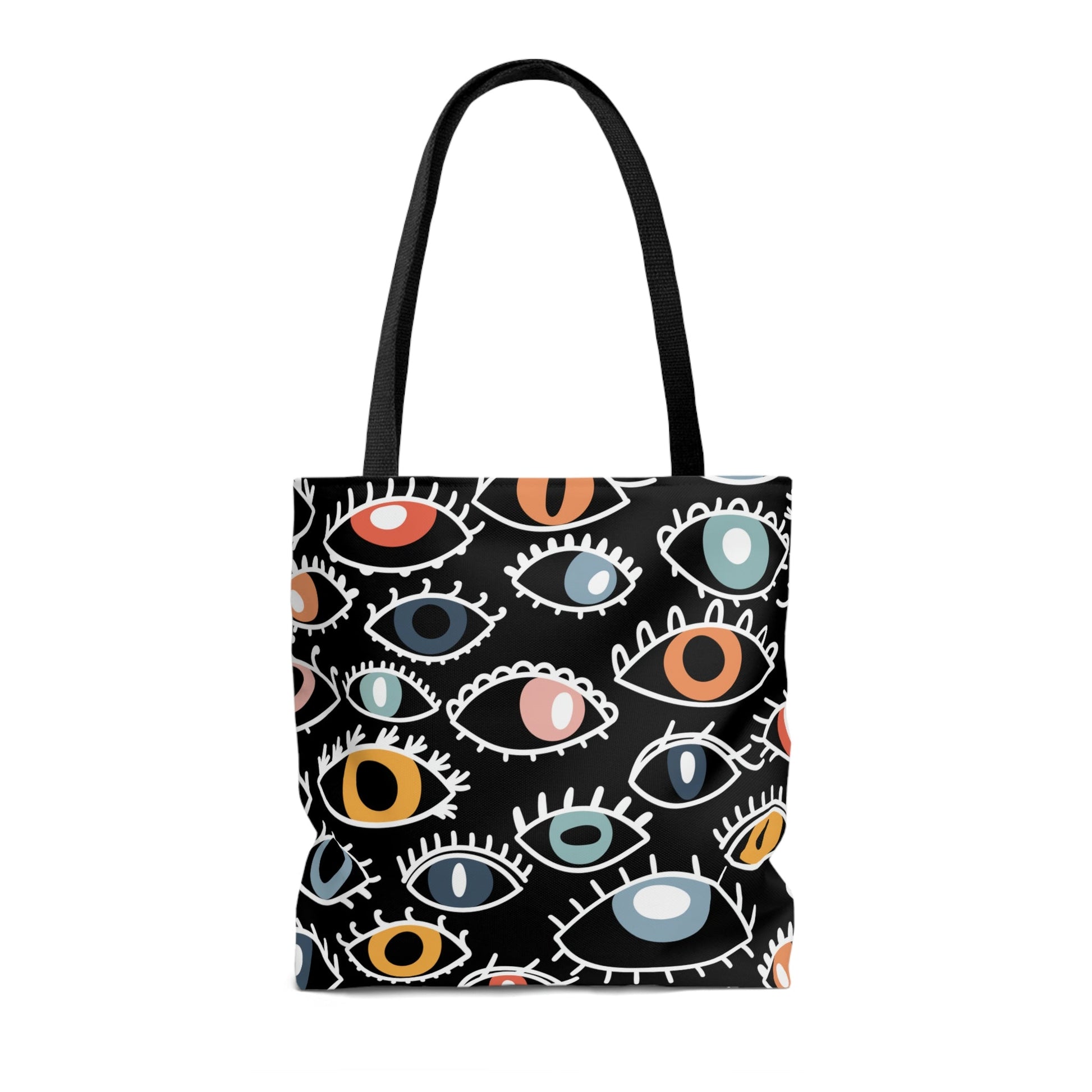 Black tote bag with "evil eye" of different color eyes, eye shaped in white.