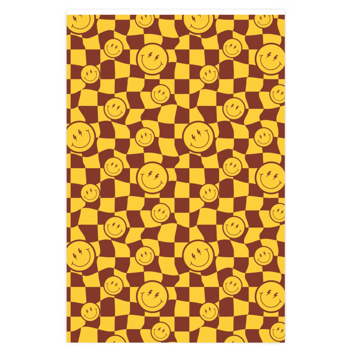 24" x 36" Gift Wrapping Paper of distorted Smiley faces with lightning bolts as eyes. The paper is yellow with a brown checkered background.