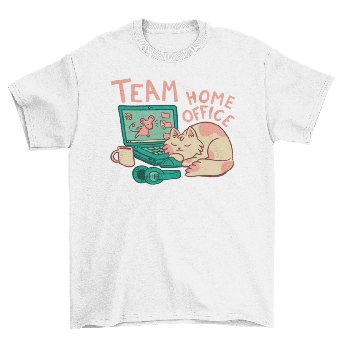 White, "Team Home Office" T-shirt has a sleeping cat, headphones, mug, and laptop with a mouse on the screen and a file folders.