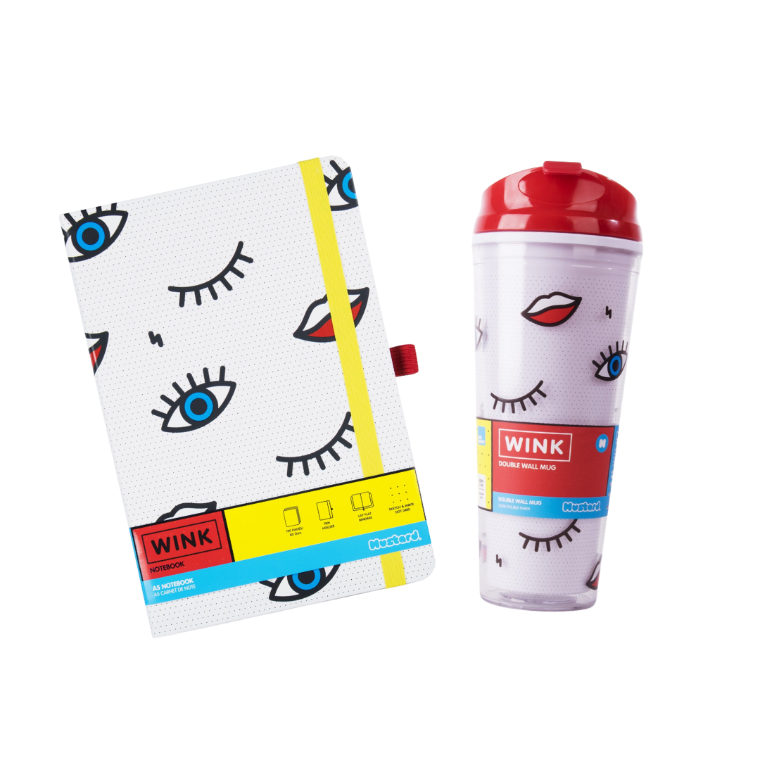 WINK A5 notebook and the WINK tumbler with the red lid.