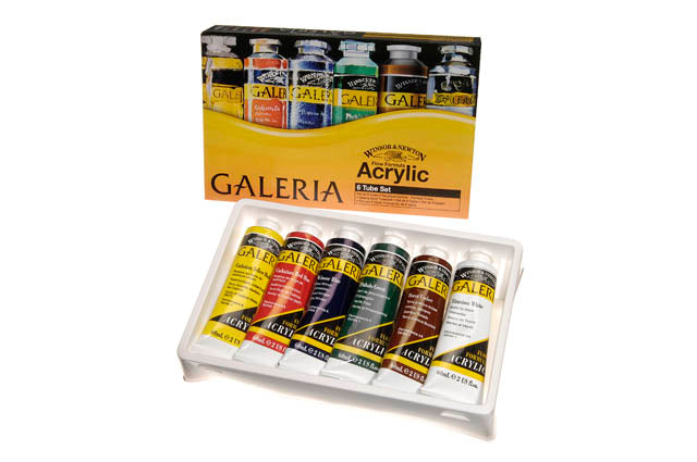 The Winsor & Newton 6-Tube Galeria Acrylic Paint Set. The colors in the 6 Tube Set are: Cadmium Yellow Hue, Cadmium Red Hue, Winsor Blue, Phthalo Green, Burnt Umber, and Titanium White. 