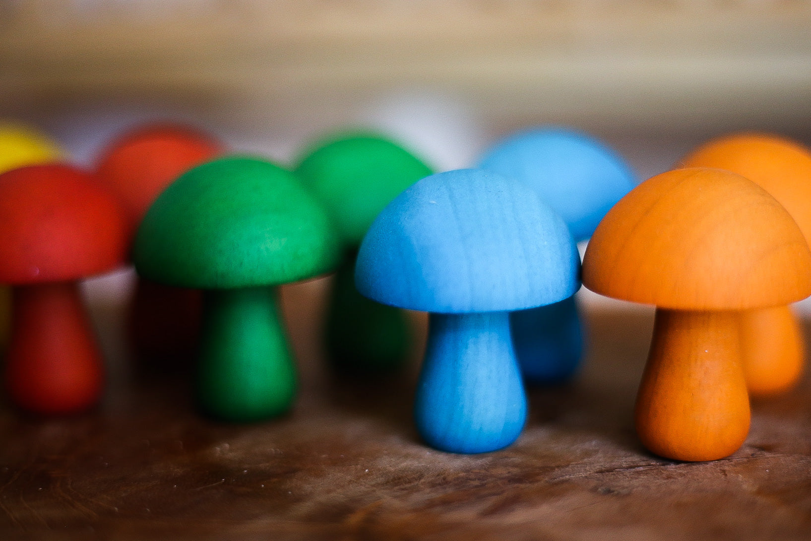 Up close image of the toy mushroom set of 10, in the image you can see the red, green, blue, and orange mushrooms.