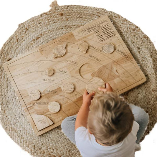 Wooden educational toys that will help teach the solar system to young children. Learning planet names and their distance from the sun. 