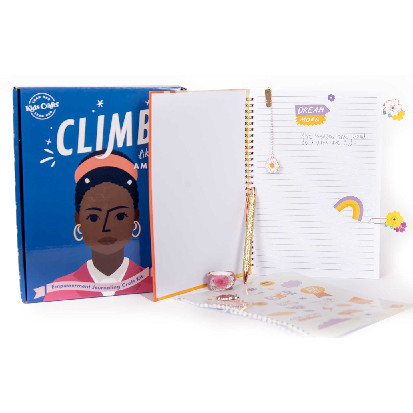 Another view of the accessories included in the Kids Crafts "Climb Like Amanda" empowerment journaling craft kit.