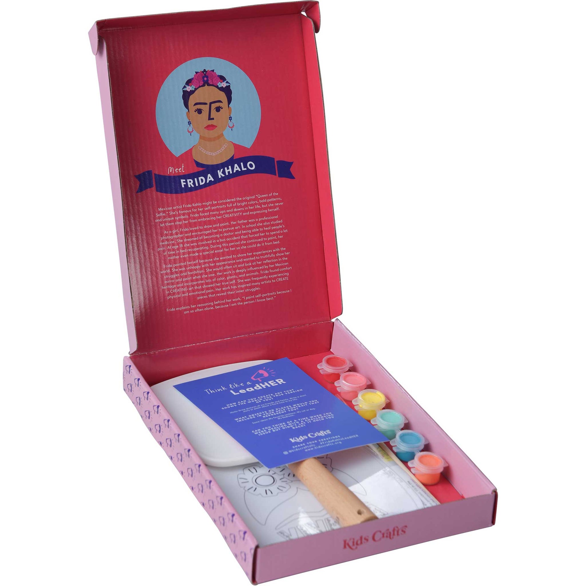 Shows what the Create Like Frida Self-Portrait Mirror Painting Kit comes with available on KangyCo.